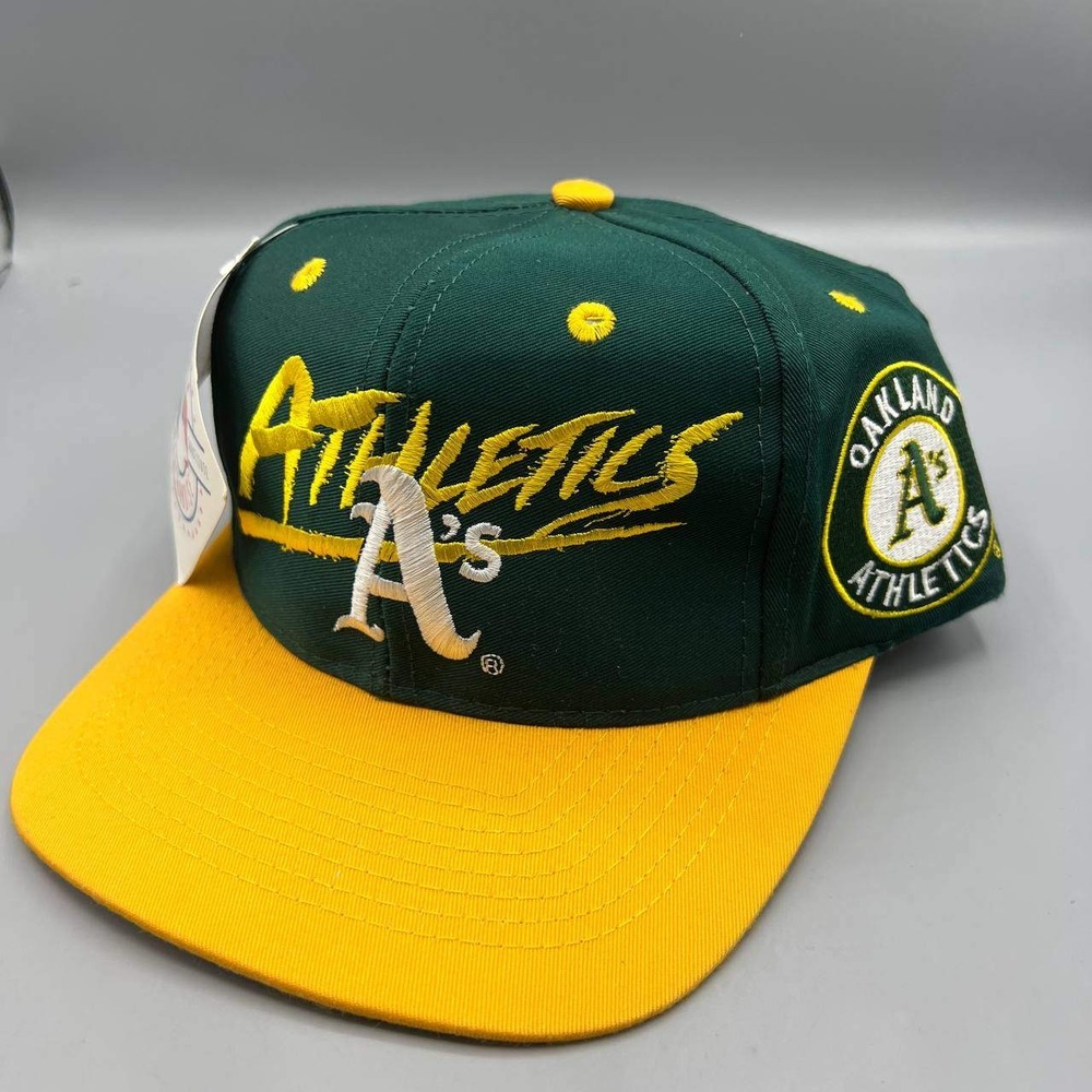 Vintage Oakland Athletics Hat Men Green‎ Yellow Signatures MLB Snap Back Cap New